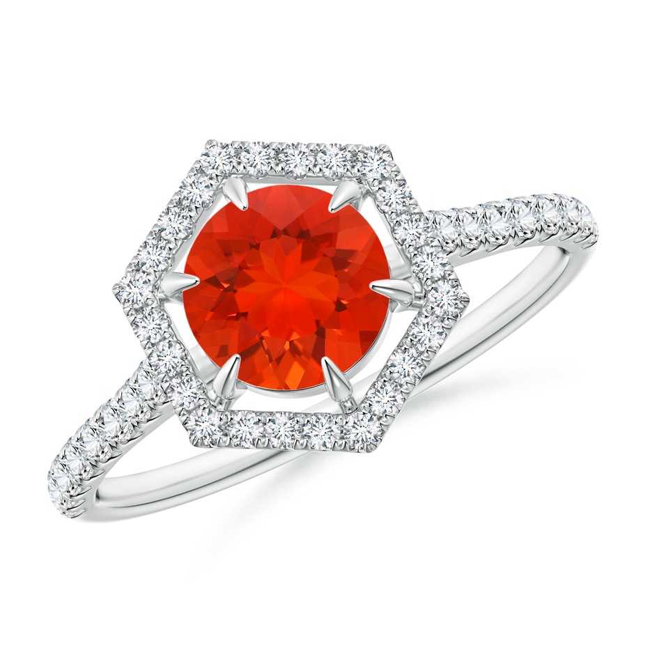 6mm AAAA Round Fire Opal Ring with Hexagonal Diamond Halo in P950 Platinum 