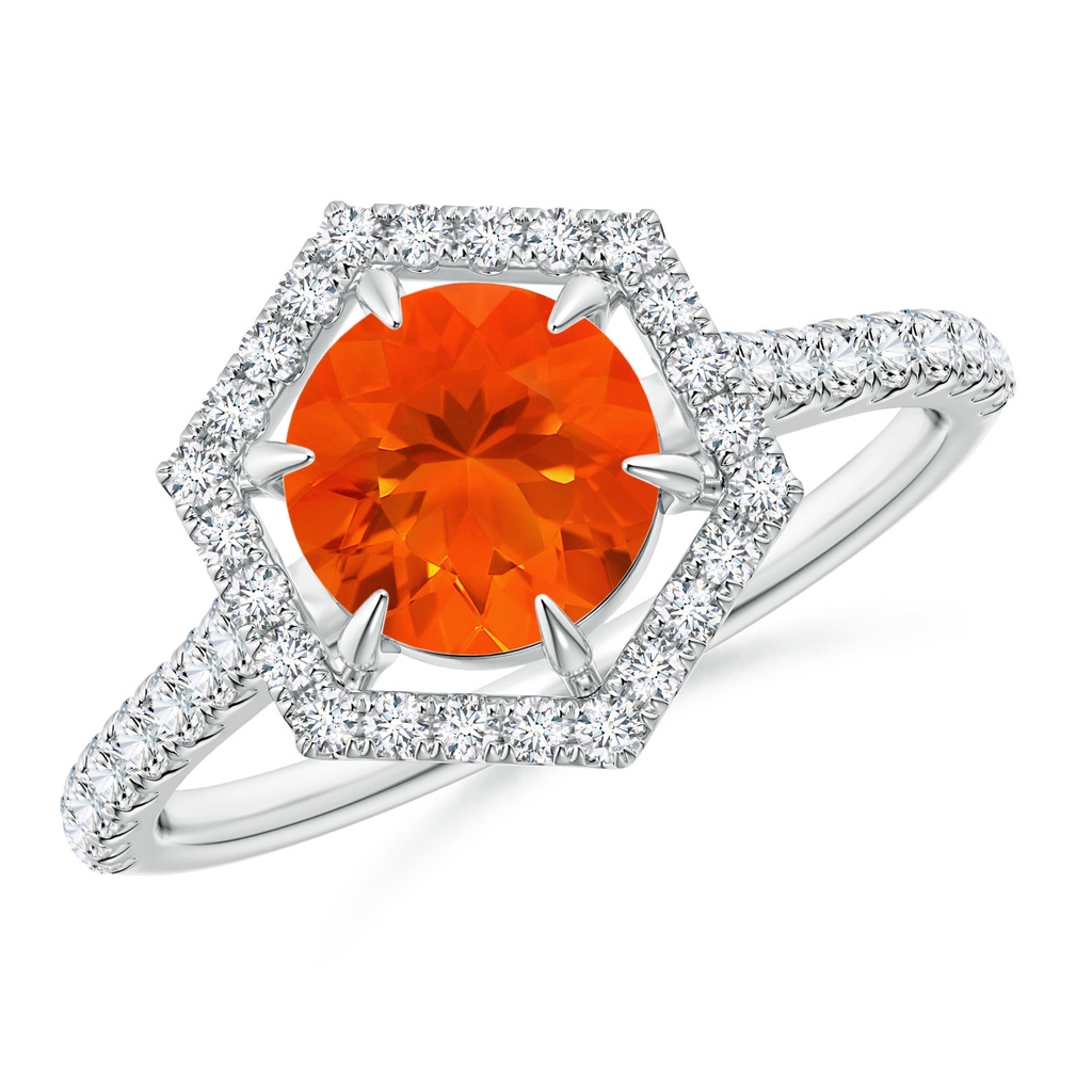7mm AAA Round Fire Opal Ring with Hexagonal Diamond Halo in White Gold