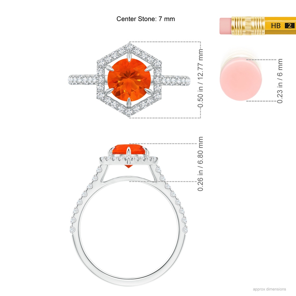 7mm AAA Round Fire Opal Ring with Hexagonal Diamond Halo in White Gold Ruler
