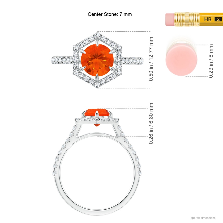 7mm AAA Round Fire Opal Ring with Hexagonal Diamond Halo in White Gold ruler