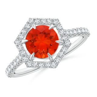 7mm AAAA Round Fire Opal Ring with Hexagonal Diamond Halo in P950 Platinum