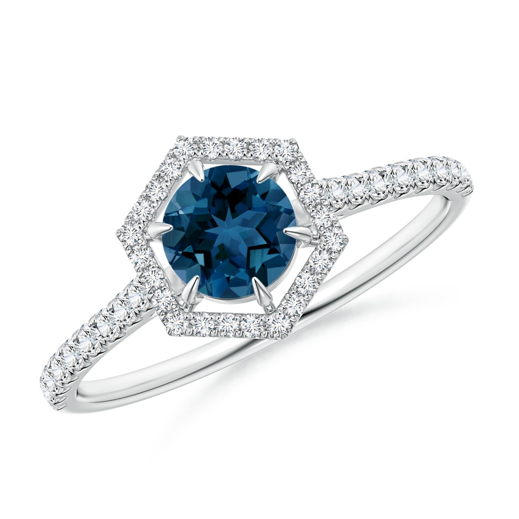 5mm AAA Round London Blue Topaz Ring with Hexagonal Diamond Halo in White Gold