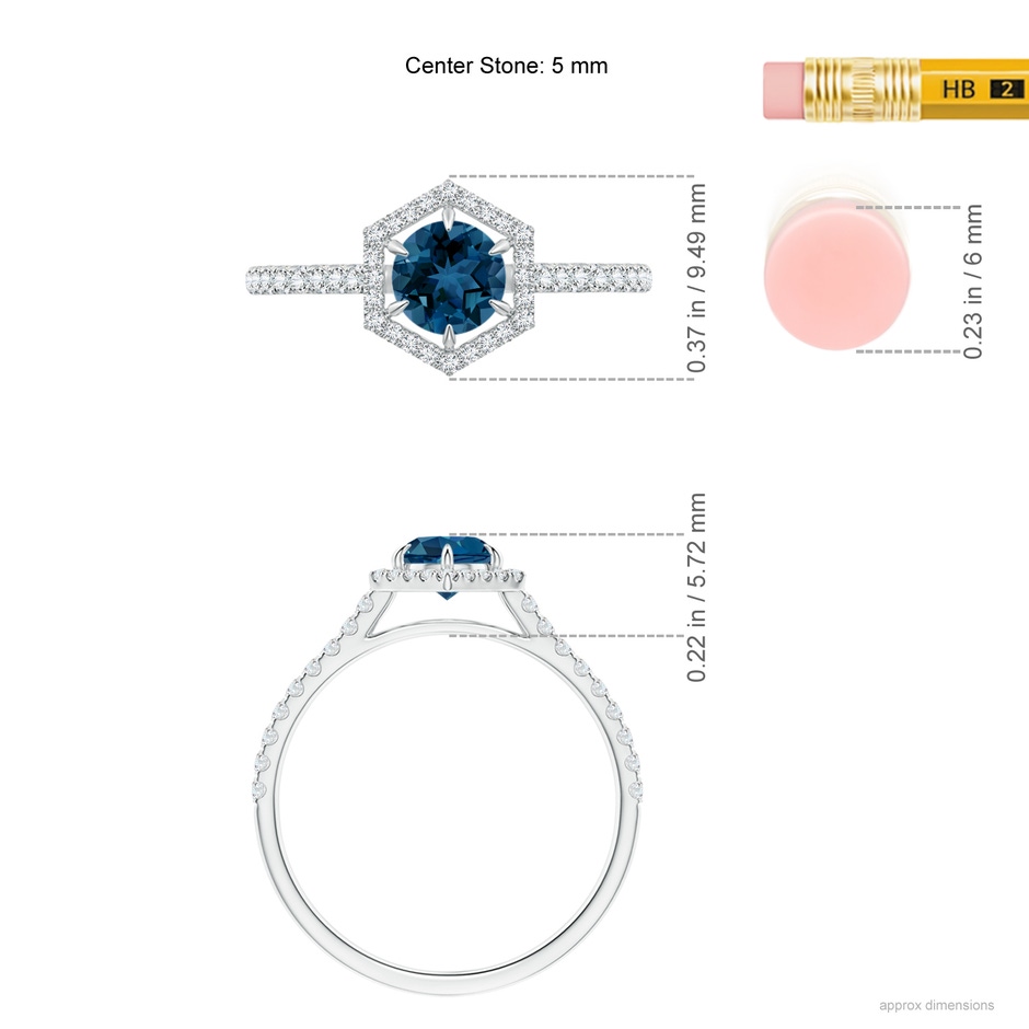 5mm AAA Round London Blue Topaz Ring with Hexagonal Diamond Halo in White Gold ruler