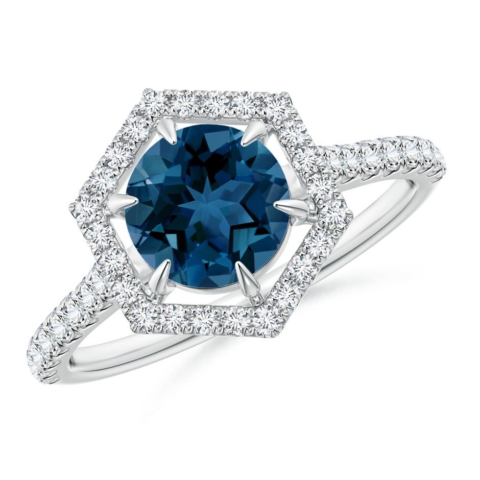 7mm AAA Round London Blue Topaz Ring with Hexagonal Diamond Halo in White Gold 