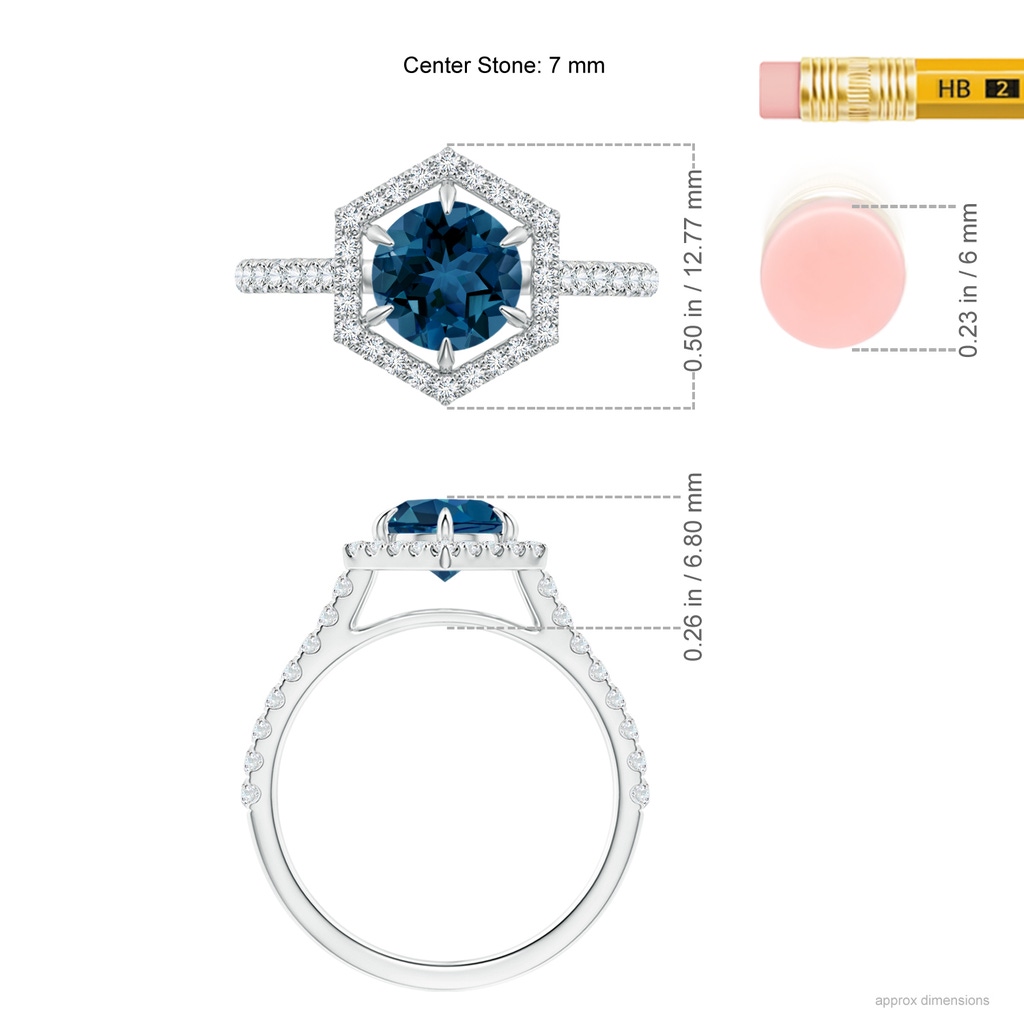 7mm AAA Round London Blue Topaz Ring with Hexagonal Diamond Halo in White Gold Ruler