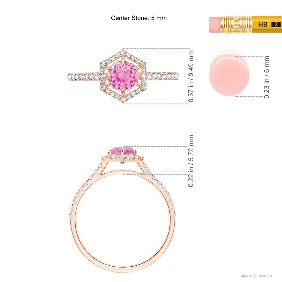 5mm A Round Pink Sapphire Ring with Hexagonal Diamond Halo in 18K Rose Gold ruler
