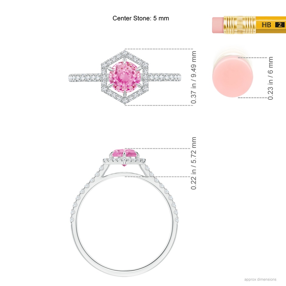 5mm A Round Pink Sapphire Ring with Hexagonal Diamond Halo in White Gold ruler