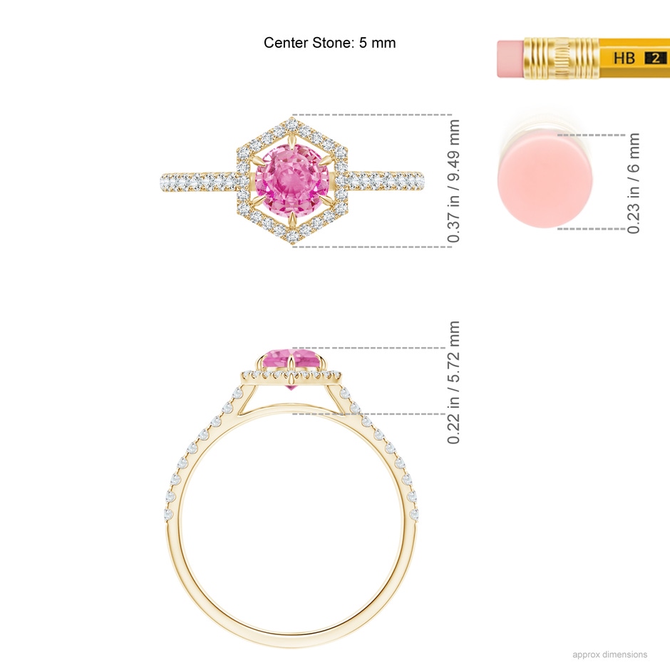 5mm AA Round Pink Sapphire Ring with Hexagonal Diamond Halo in 18K Yellow Gold ruler
