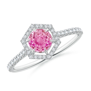 5mm AA Round Pink Sapphire Ring with Hexagonal Diamond Halo in White Gold