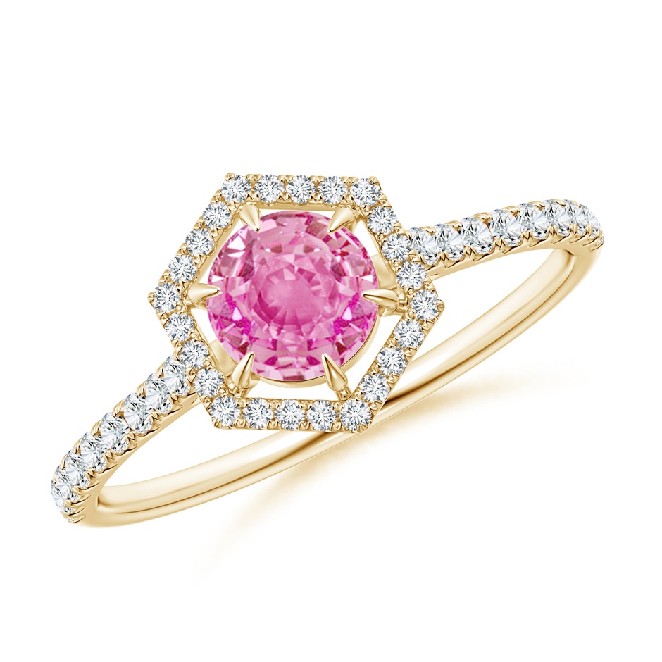5mm AA Round Pink Sapphire Ring with Hexagonal Diamond Halo in Yellow Gold 