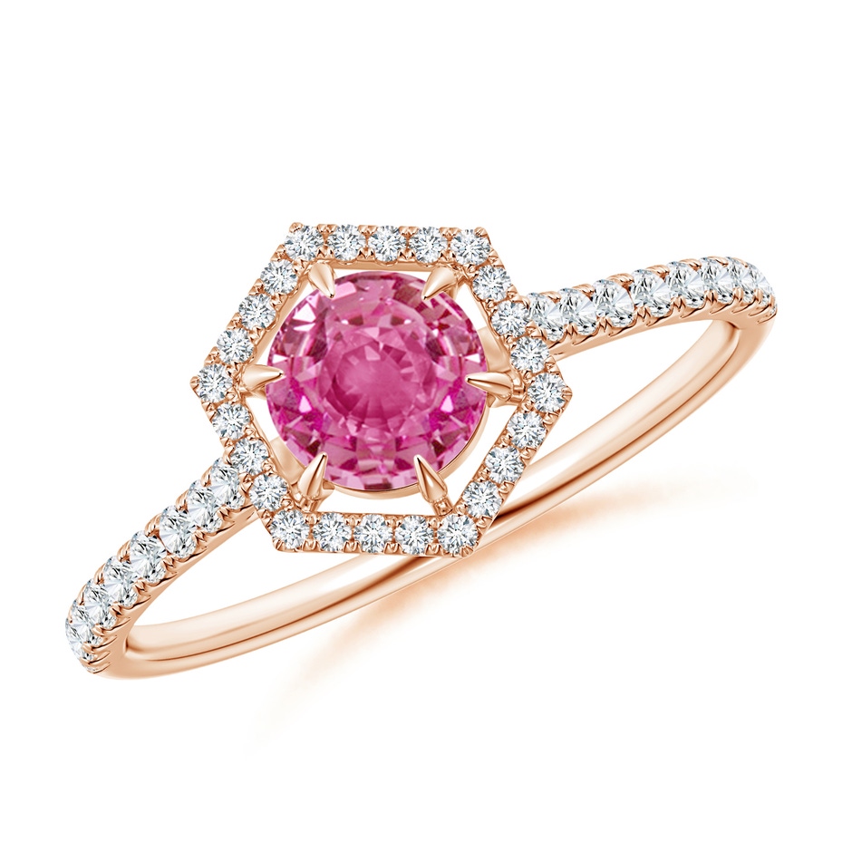 5mm AAA Round Pink Sapphire Ring with Hexagonal Diamond Halo in 18K Rose Gold 