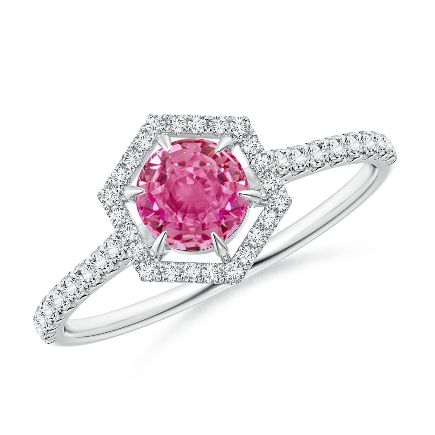 5mm AAA Round Pink Sapphire Ring with Hexagonal Diamond Halo in 18K White Gold