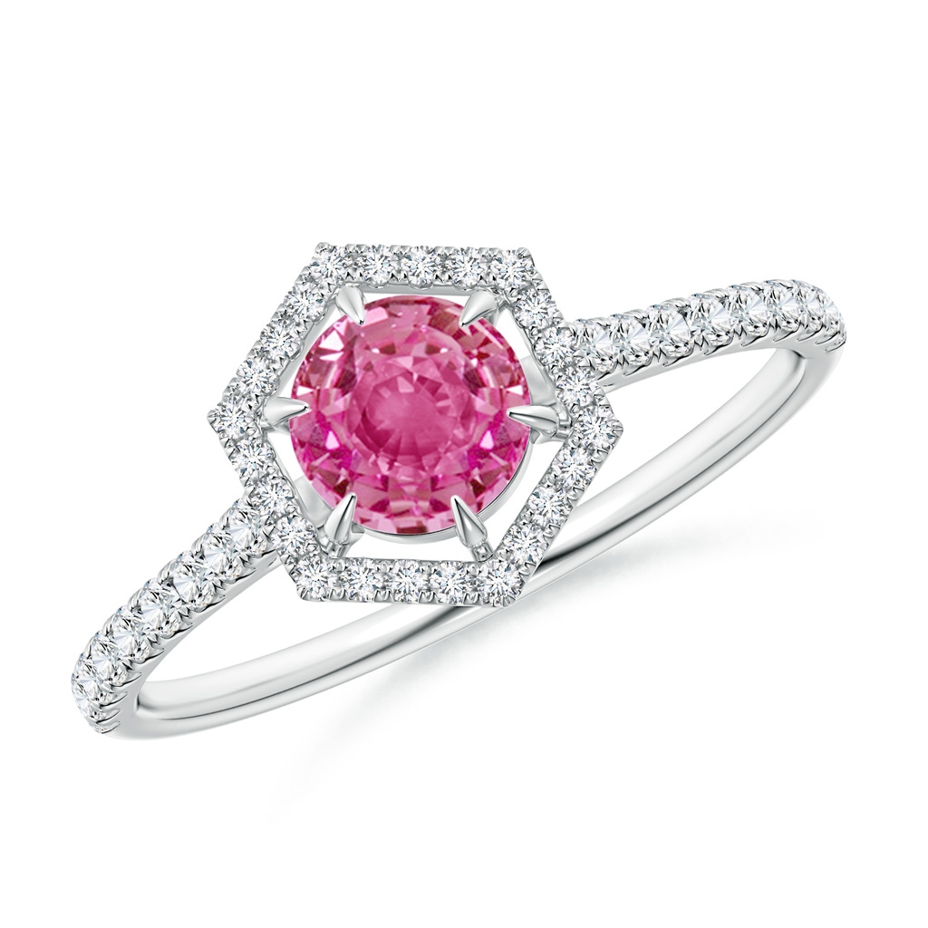 5mm AAA Round Pink Sapphire Ring with Hexagonal Diamond Halo in White Gold