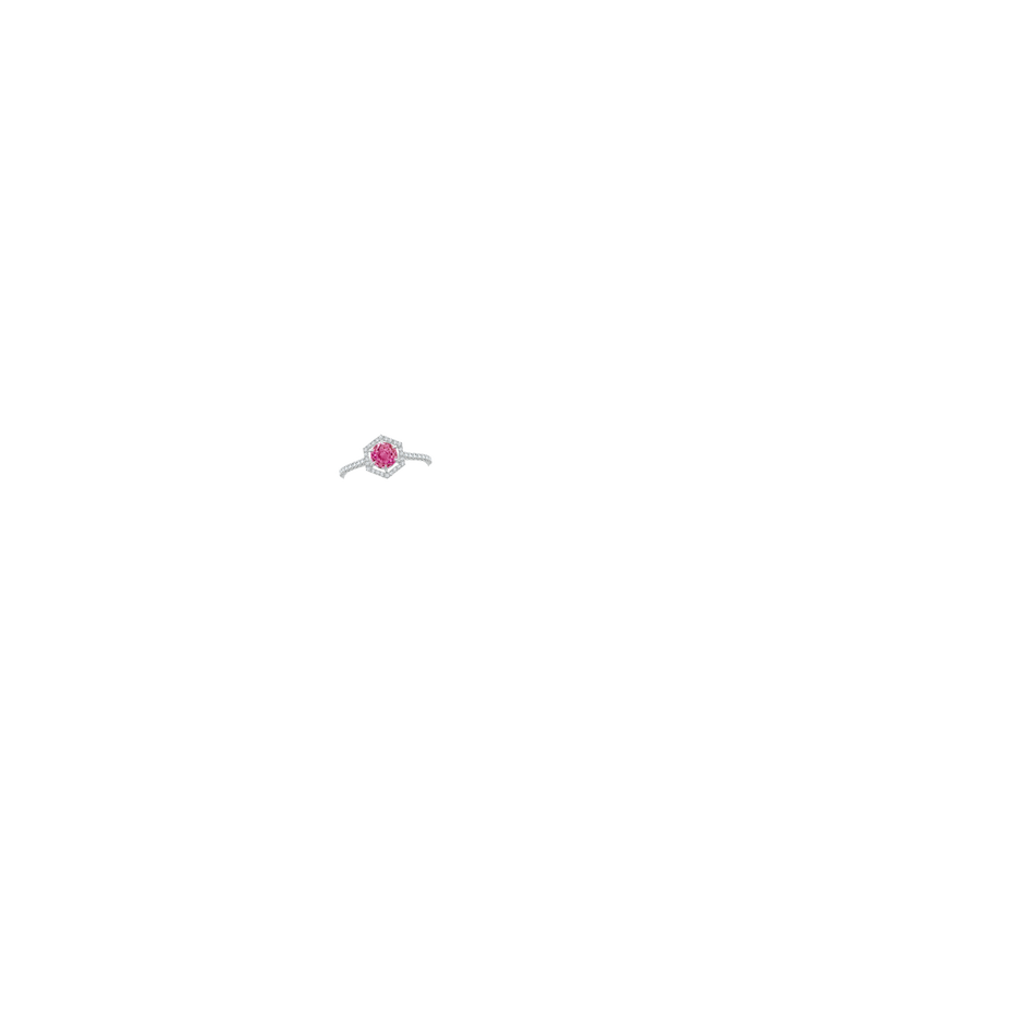 5mm AAA Round Pink Sapphire Ring with Hexagonal Diamond Halo in White Gold hand