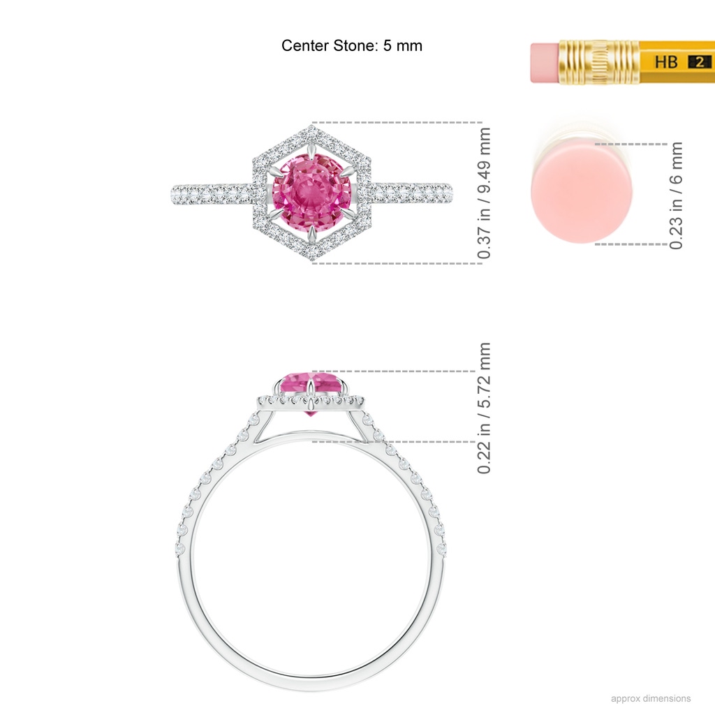 5mm AAA Round Pink Sapphire Ring with Hexagonal Diamond Halo in White Gold Ruler