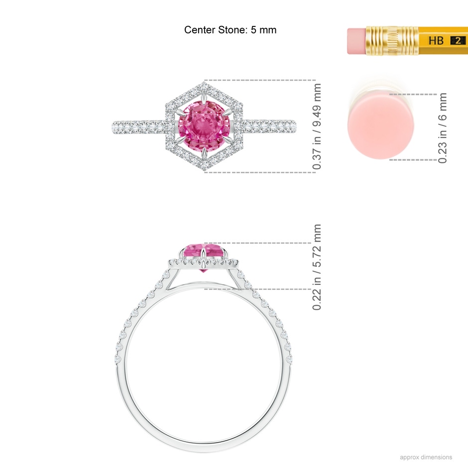 5mm AAA Round Pink Sapphire Ring with Hexagonal Diamond Halo in White Gold ruler