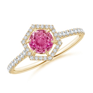 5mm AAA Round Pink Sapphire Ring with Hexagonal Diamond Halo in Yellow Gold