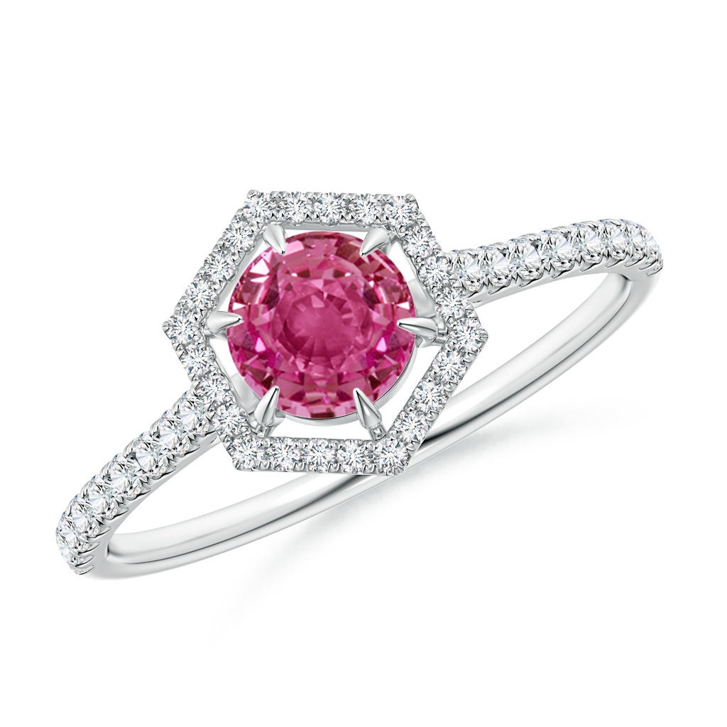 5mm AAAA Round Pink Sapphire Ring with Hexagonal Diamond Halo in P950 Platinum