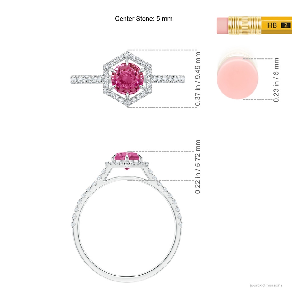 5mm AAAA Round Pink Sapphire Ring with Hexagonal Diamond Halo in White Gold ruler