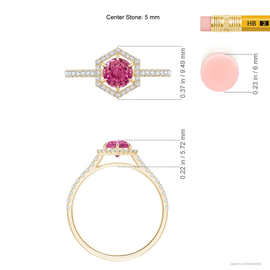 5mm AAAA Round Pink Sapphire Ring with Hexagonal Diamond Halo in Yellow Gold ruler