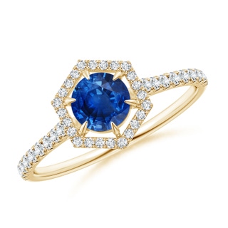 5mm AAA Round Sapphire Ring with Hexagonal Diamond Halo in Yellow Gold