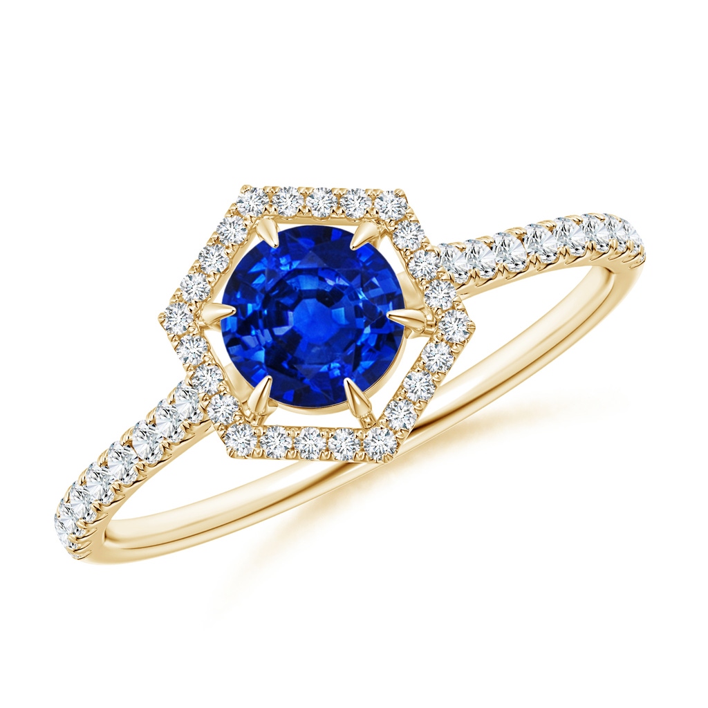 5mm AAAA Round Sapphire Ring with Hexagonal Diamond Halo in Yellow Gold