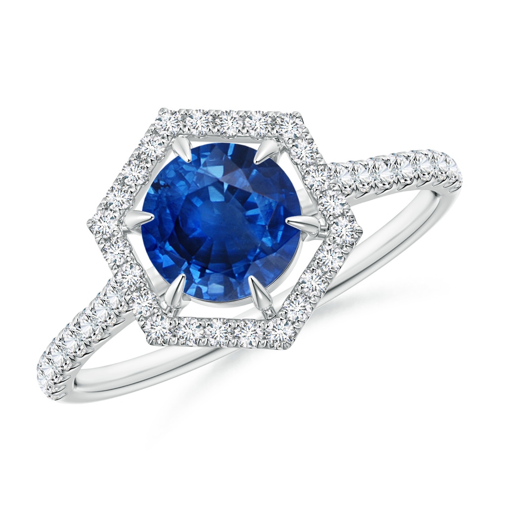 6mm AAA Round Sapphire Ring with Hexagonal Diamond Halo in White Gold