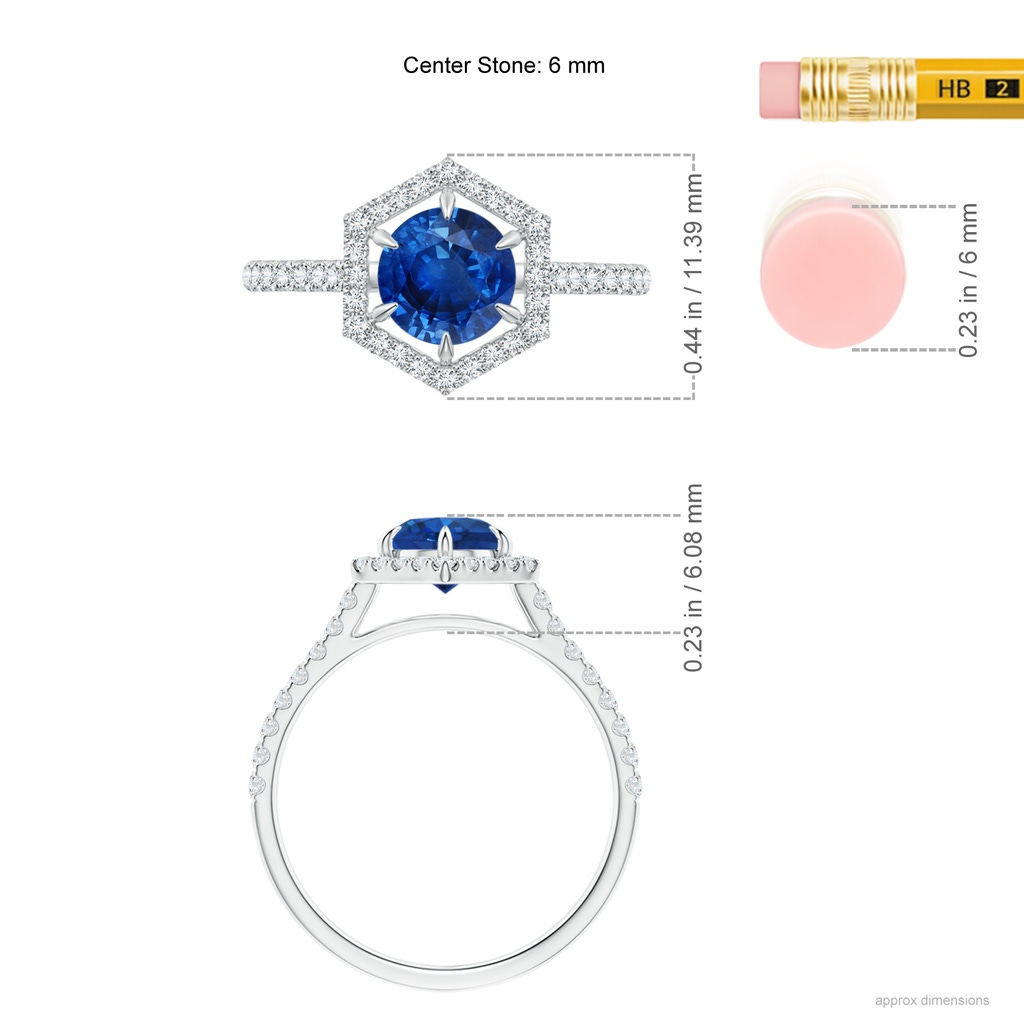 6mm AAA Round Sapphire Ring with Hexagonal Diamond Halo in White Gold Ruler