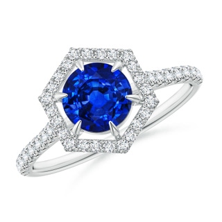 6mm AAAA Round Sapphire Ring with Hexagonal Diamond Halo in White Gold
