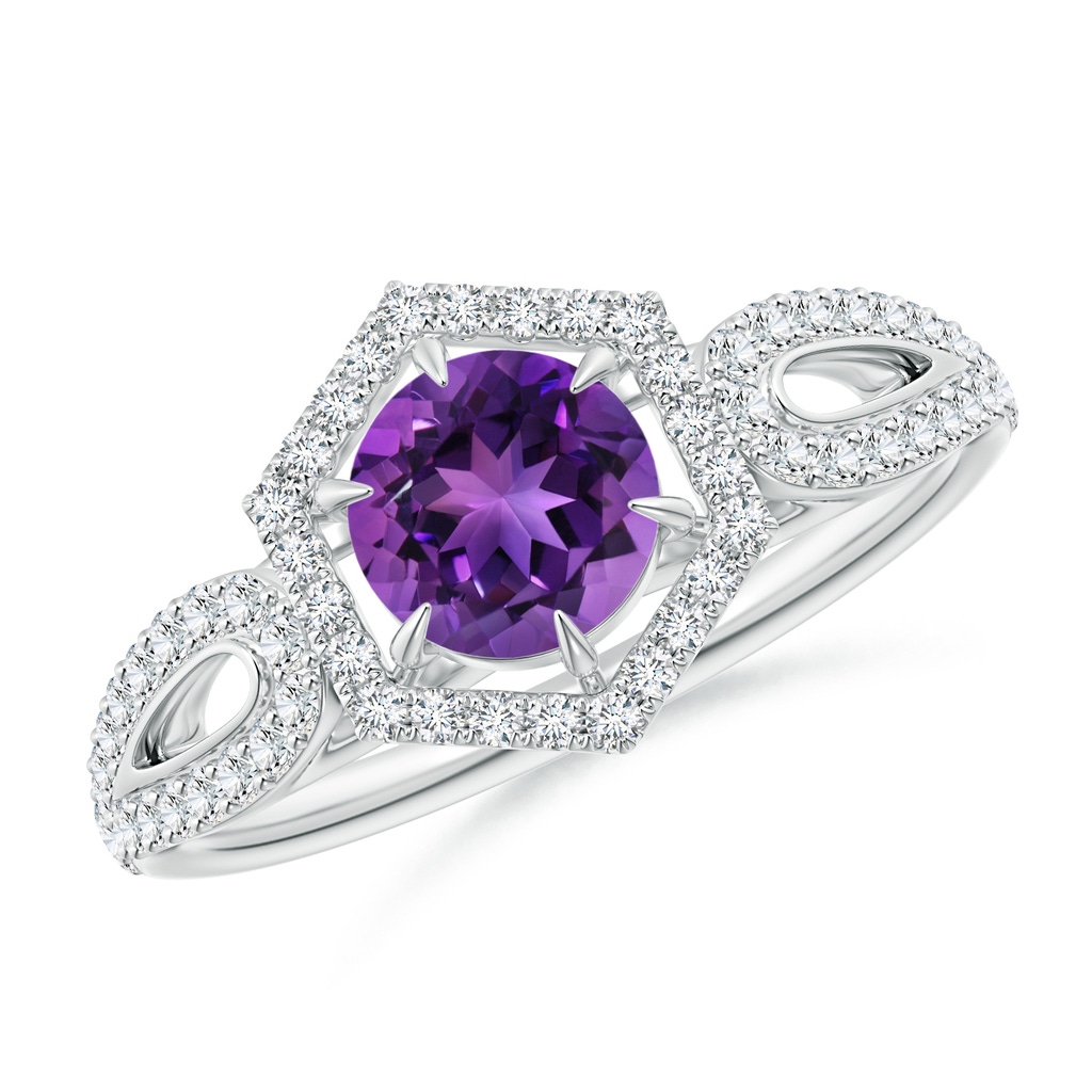 5mm AAAA Amethyst Split Shank Ring with Diamond Hexagon Halo in White Gold