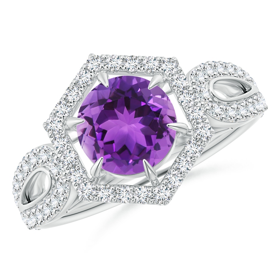 7mm AAA Amethyst Split Shank Ring with Diamond Hexagon Halo in White Gold 