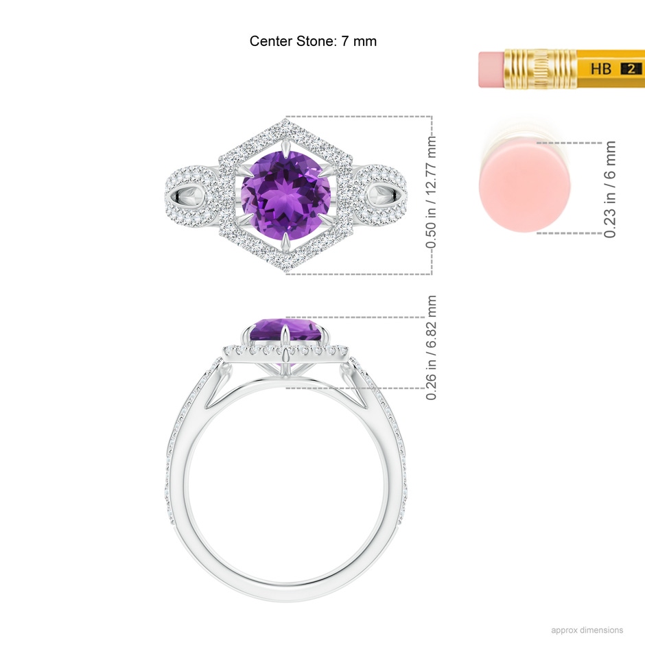 7mm AAA Amethyst Split Shank Ring with Diamond Hexagon Halo in White Gold ruler