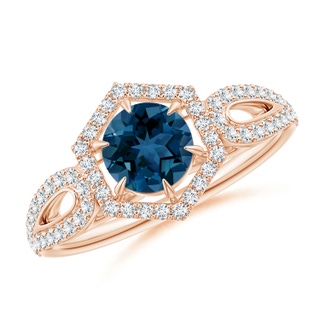 5mm AAA London Blue Topaz Split Shank Ring with Diamond Hexagon Halo in Rose Gold