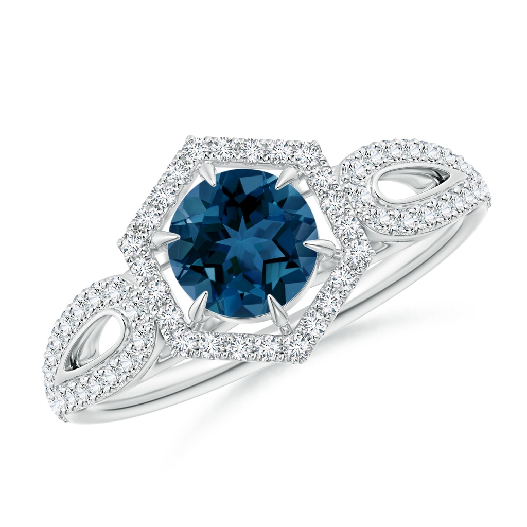 5mm AAA London Blue Topaz Split Shank Ring with Diamond Hexagon Halo in White Gold