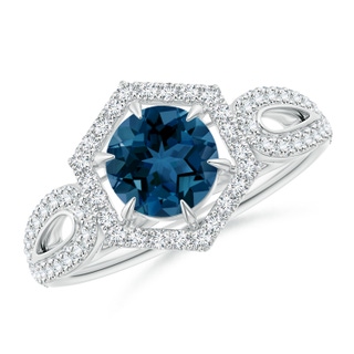 6mm AAA London Blue Topaz Split Shank Ring with Diamond Hexagon Halo in White Gold
