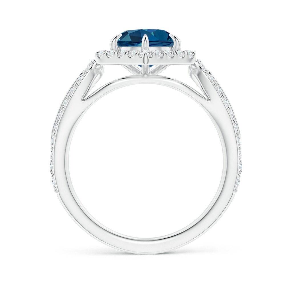 7mm AAA London Blue Topaz Split Shank Ring with Diamond Hexagon Halo in White Gold Side 1