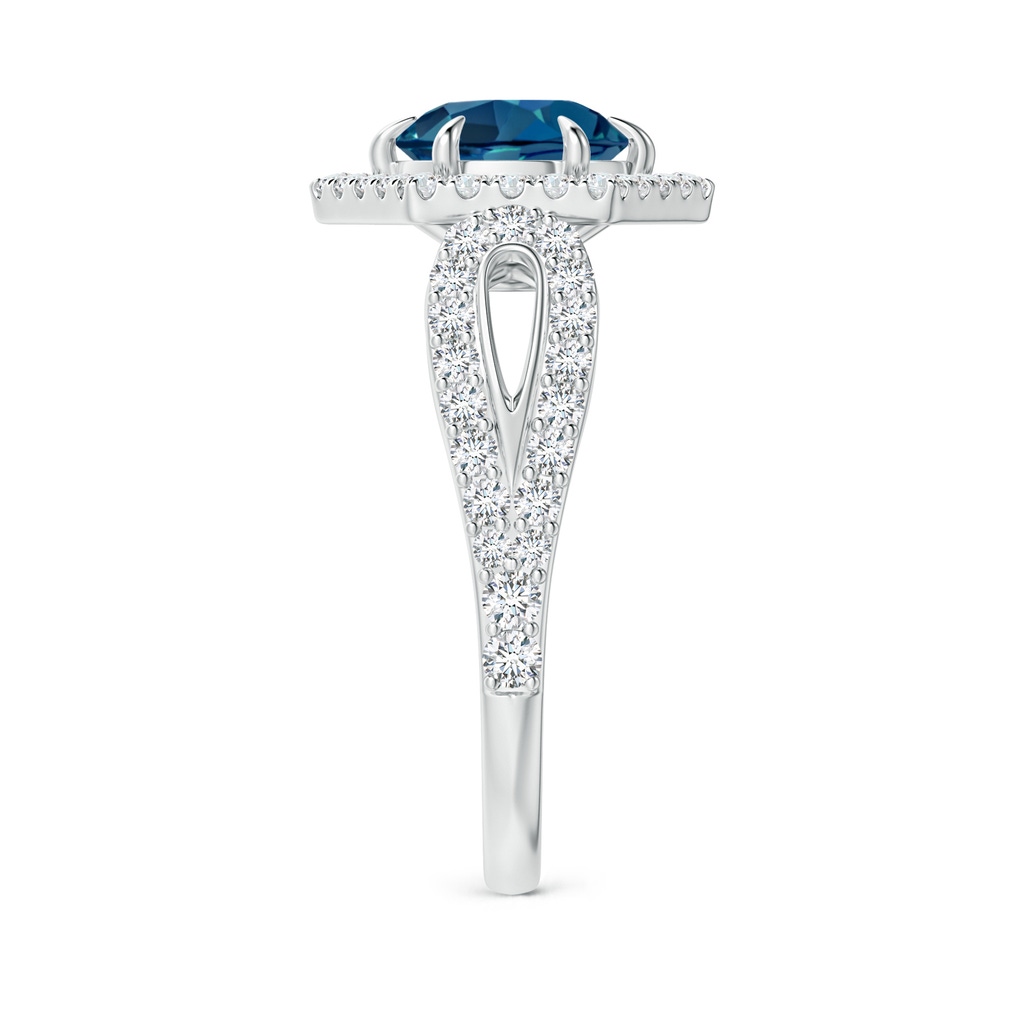 7mm AAA London Blue Topaz Split Shank Ring with Diamond Hexagon Halo in White Gold Side 2