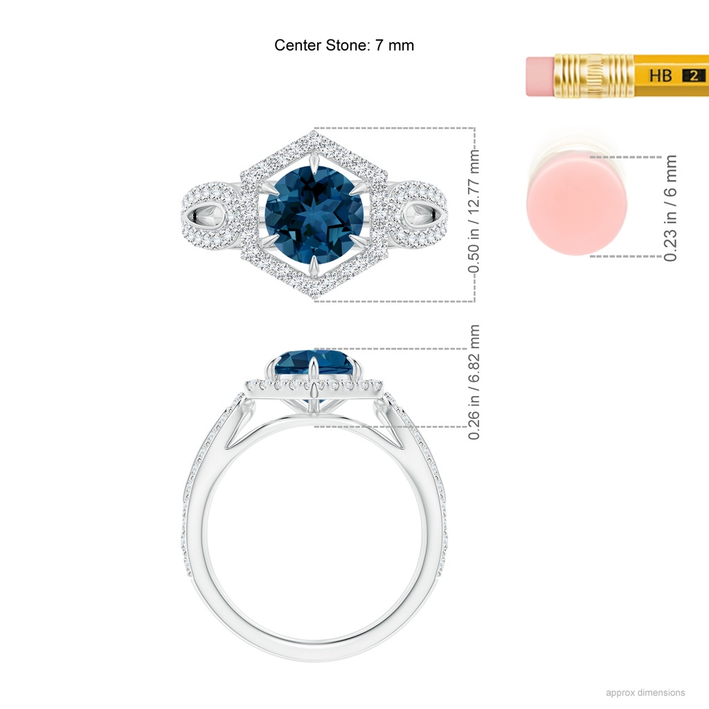 7mm AAA London Blue Topaz Split Shank Ring with Diamond Hexagon Halo in White Gold Ruler