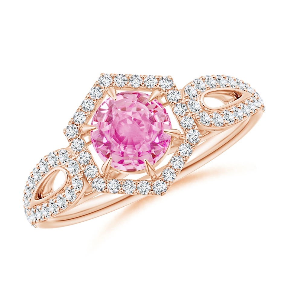 5mm A Pink Sapphire Split Shank Ring with Diamond Hexagon Halo in Rose Gold 