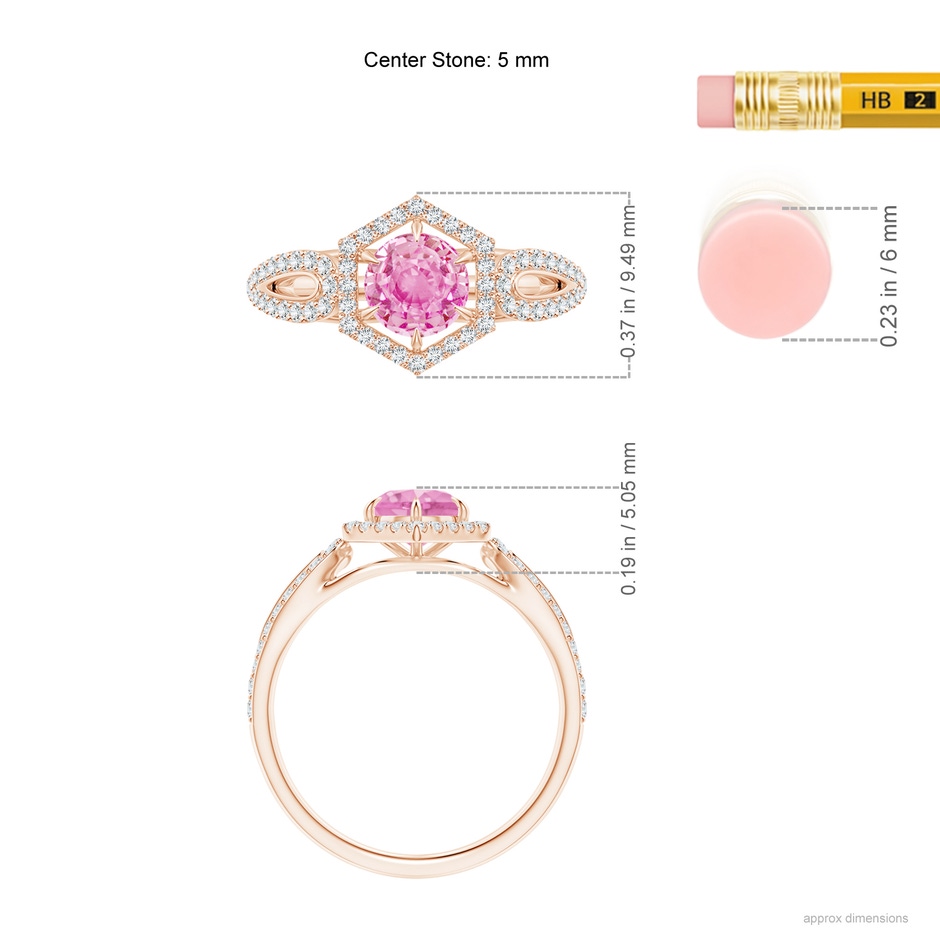 5mm A Pink Sapphire Split Shank Ring with Diamond Hexagon Halo in Rose Gold ruler