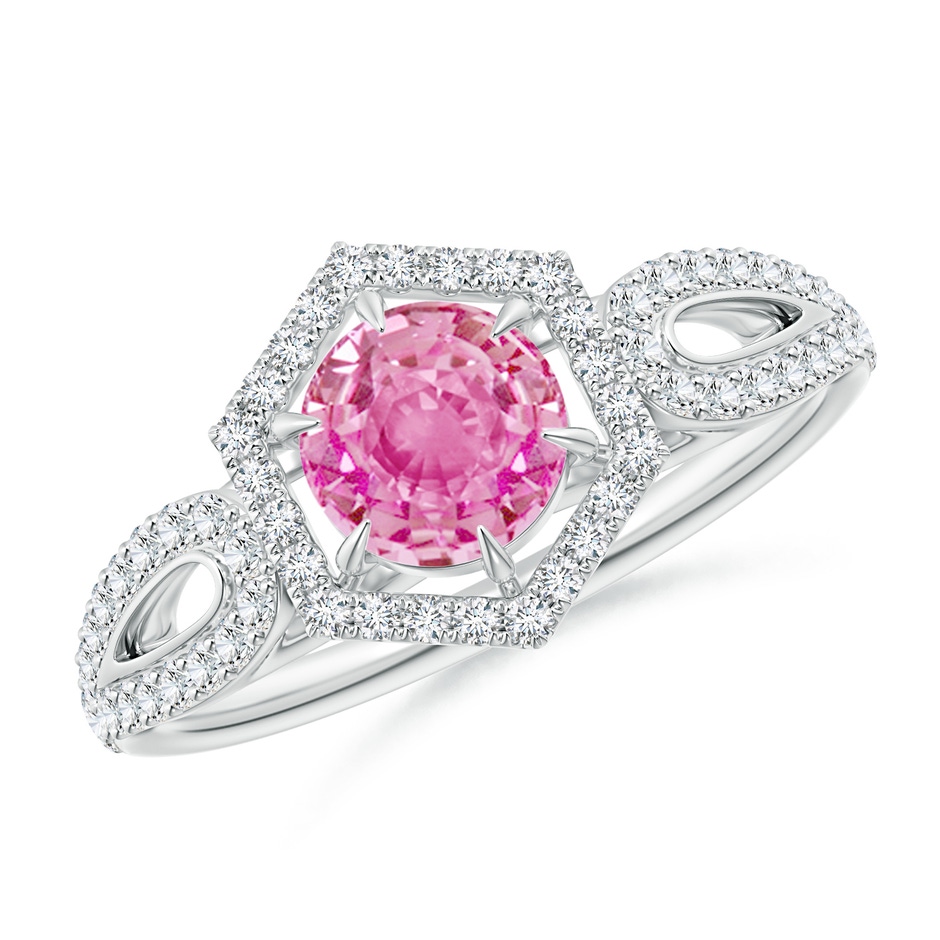 5mm AA Pink Sapphire Split Shank Ring with Diamond Hexagon Halo in P950 Platinum 