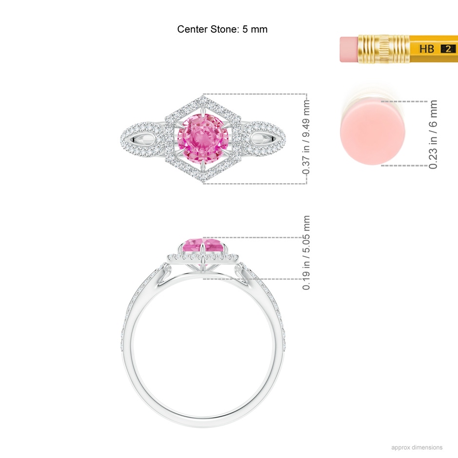 5mm AA Pink Sapphire Split Shank Ring with Diamond Hexagon Halo in P950 Platinum ruler