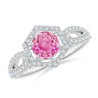 5mm AA Pink Sapphire Split Shank Ring with Diamond Hexagon Halo in White Gold