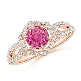 5mm AAA Pink Sapphire Split Shank Ring with Diamond Hexagon Halo in Rose Gold