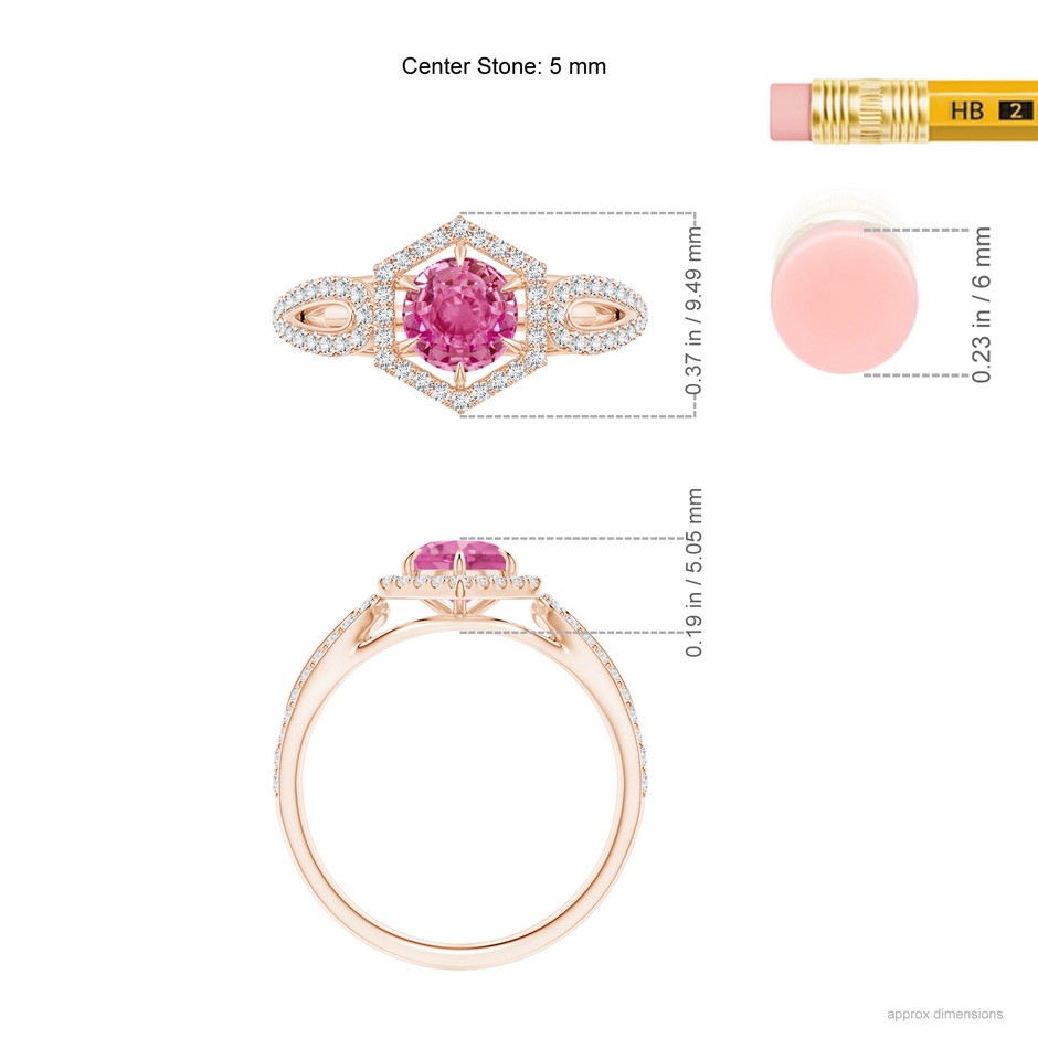 5mm AAA Pink Sapphire Split Shank Ring with Diamond Hexagon Halo in Rose Gold ruler