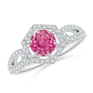 5mm AAA Pink Sapphire Split Shank Ring with Diamond Hexagon Halo in White Gold