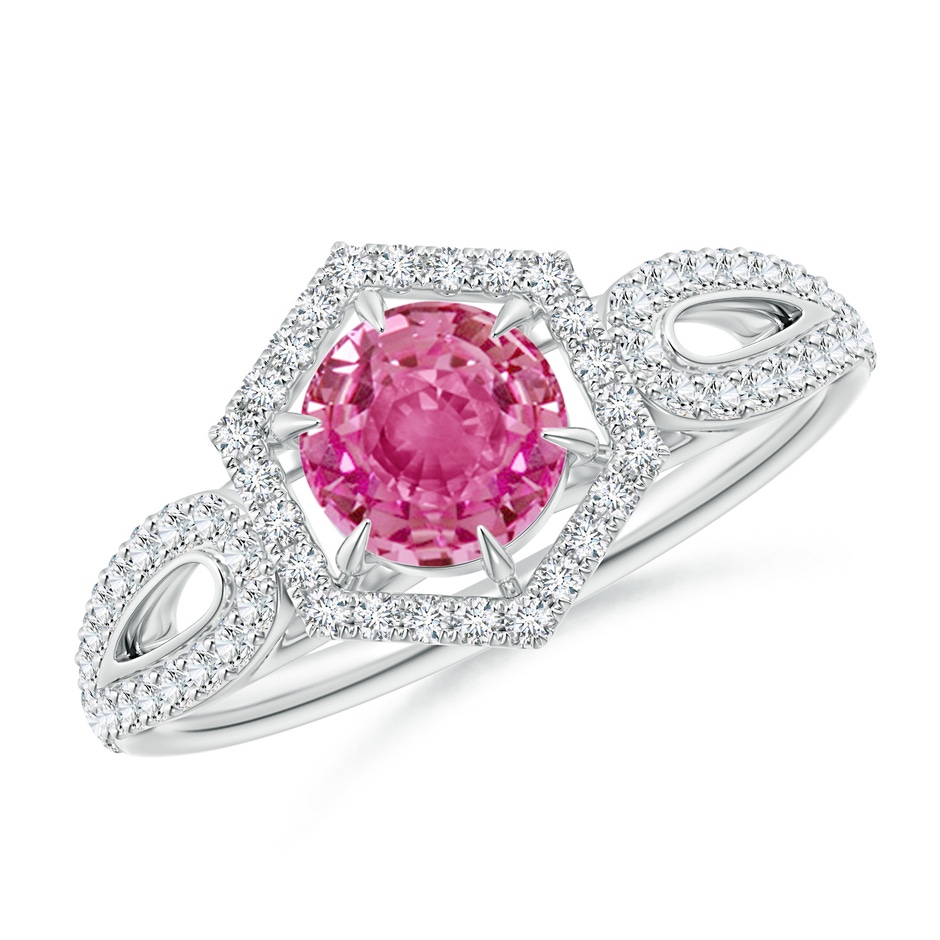 5mm AAA Pink Sapphire Split Shank Ring with Diamond Hexagon Halo in White Gold 