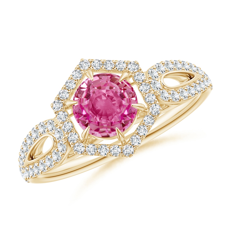 5mm AAA Pink Sapphire Split Shank Ring with Diamond Hexagon Halo in Yellow Gold 