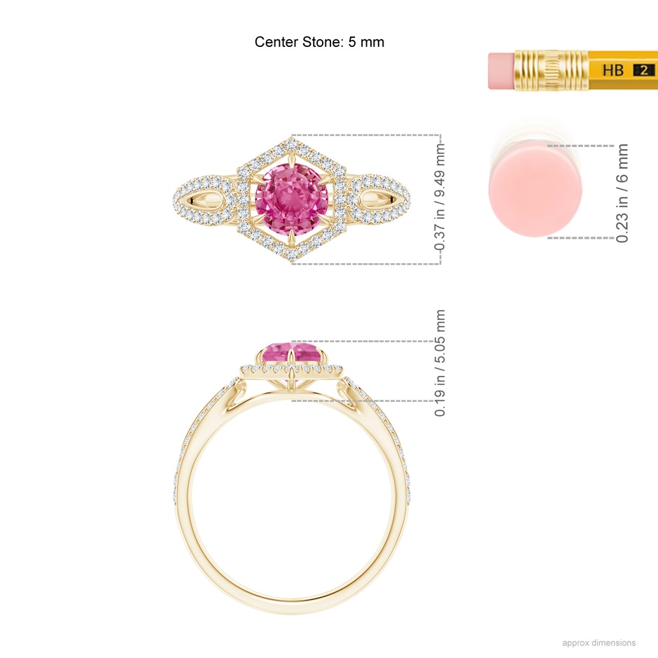 5mm AAA Pink Sapphire Split Shank Ring with Diamond Hexagon Halo in Yellow Gold ruler