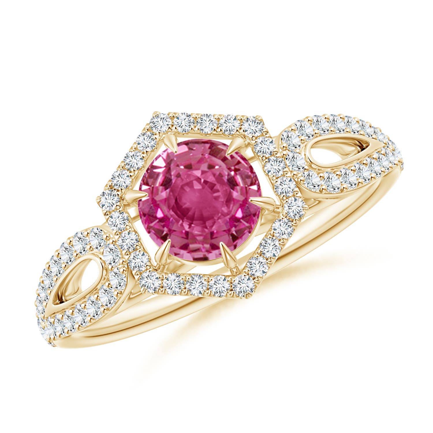 5mm AAAA Pink Sapphire Split Shank Ring with Diamond Hexagon Halo in 18K Yellow Gold